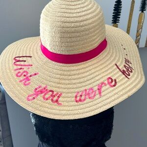 Cream and pink sun hat beach hat says in pink sequins “Wish you were here…”